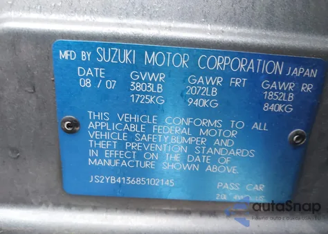 2008 Suzuki Sx4 Convenience/Touring из США, поврежденный, VIN JS2YB413685102145